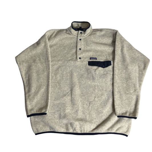 Patagonia Synchilla Snap-T Fleece Pullover XL Beige With Navy Trim & Pocket