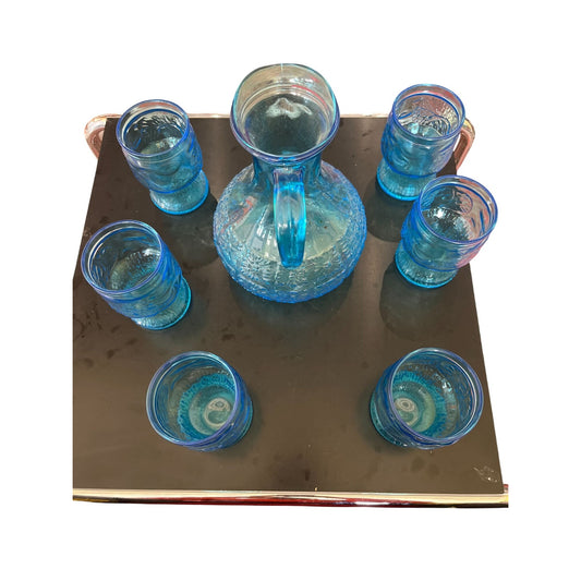 Service À Orangeade En Verre Bleu Avec Carafe Et 6 Verres Vintage Style Texturé