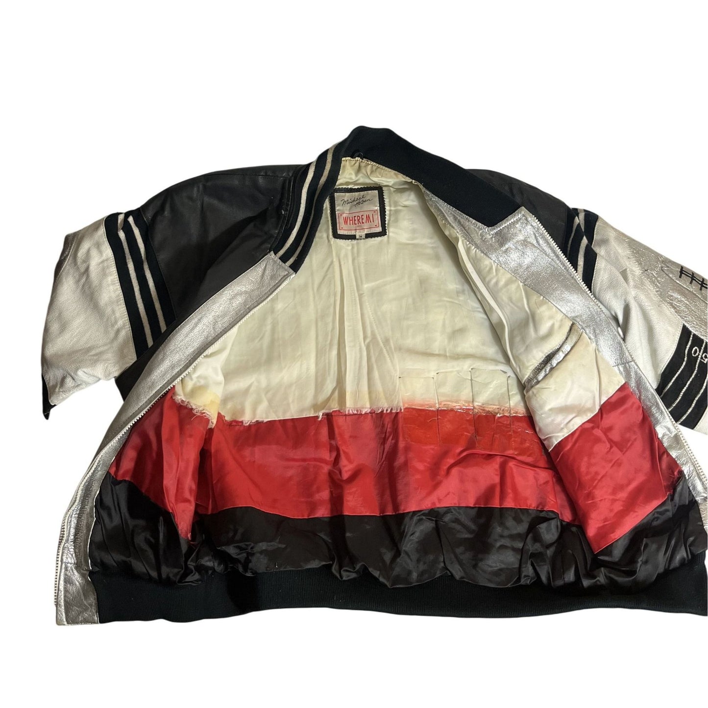 Veste En Cuir Vintage Michael Hoban Where Mi 1991 Football Noir & Argent Taille M