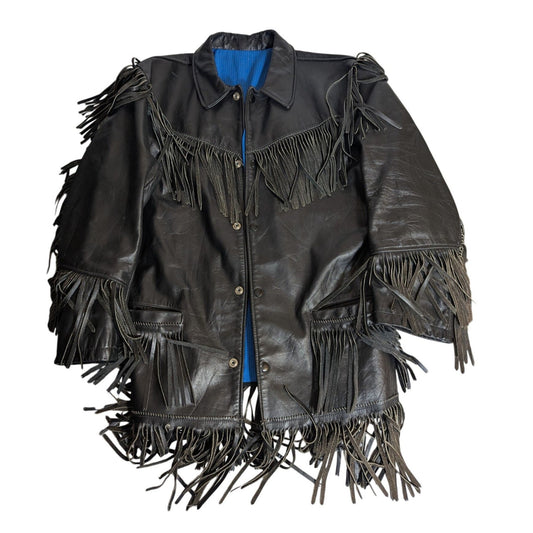Veste à franges en cuir noir style western avec boutons-pression et doublure bleue S