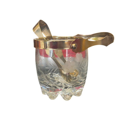 Seau À Glace En Cristal Gravé Avec Pince En Laiton Vintage
