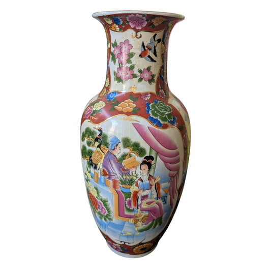 Vase Décoratif En Porcelaine Chinoise Peint À La Main Hauteur 35cm Diamètre 16cm Multicolore