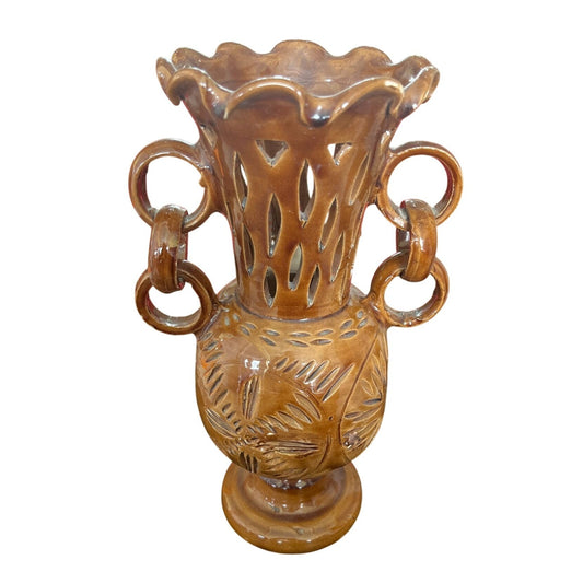Vintage Vase En Terre Cuite Sculptée Avec Anneaux Décoratifs Et Motifs Découpés - Décoration Intérieure