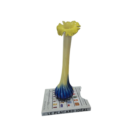 Vase vintage en verre soufflé à la main, motif côtelé jaune et bleu, 43 cm de haut, décoration d'intérieur