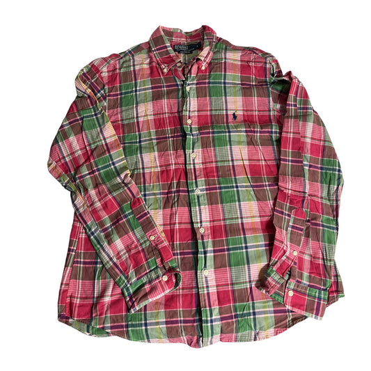Chemise boutonnée à carreaux Polo Ralph Lauren coupe ajustée, taille L, coton, homme, rouge/vert