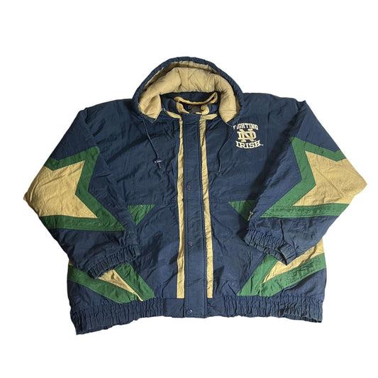 Veste de départ Notre Dame Fighting Irish XL Bleu marine et vert Manteau à capuche matelassé en nylon vintage des années 90
