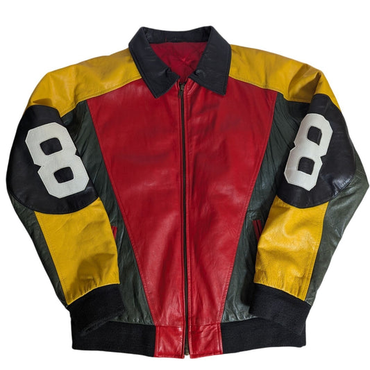 Veste en cuir colorblock vintage Michael Hoban 8 Ball rouge/jaune/vert pour homme, taille L