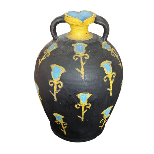 Vase En Terre Cuite Noir Peint À La Main Avec Motifs Jaunes Et Bleus