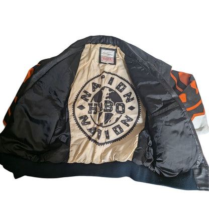 Veste bomber en cuir Michael Hoban WHERE!M ultra rare avec motif Hobo World noir/blanc/orange taille M