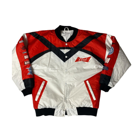 Blouson aviateur Bud Racing rouge et blanc à boutons-pression sur le devant pour homme, taille M