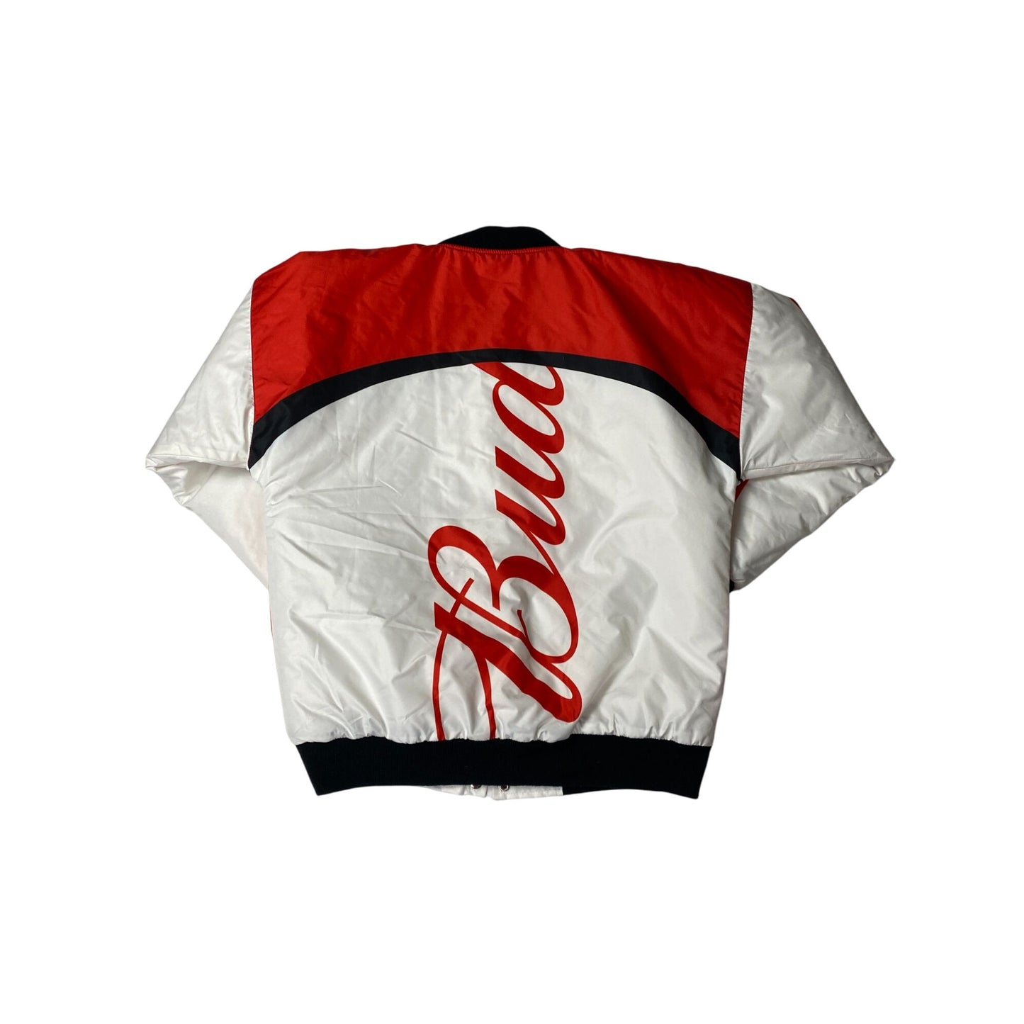 Blouson aviateur Bud Racing rouge et blanc à boutons-pression sur le devant pour homme, taille M