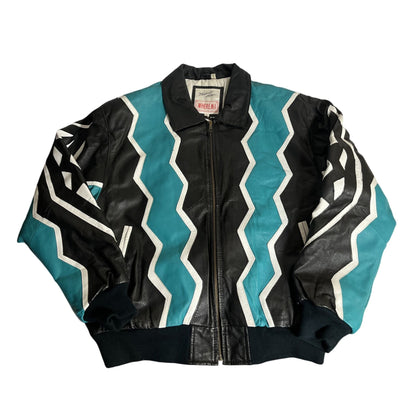 Veste en cuir Michael Hoban Wheremi, grande taille, noire et bleu sarcelle, motif zigzag