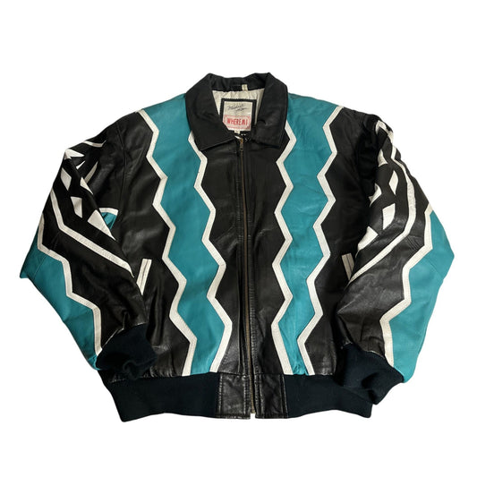 Veste en cuir Michael Hoban Wheremi, grande taille, noire et bleu sarcelle, motif zigzag