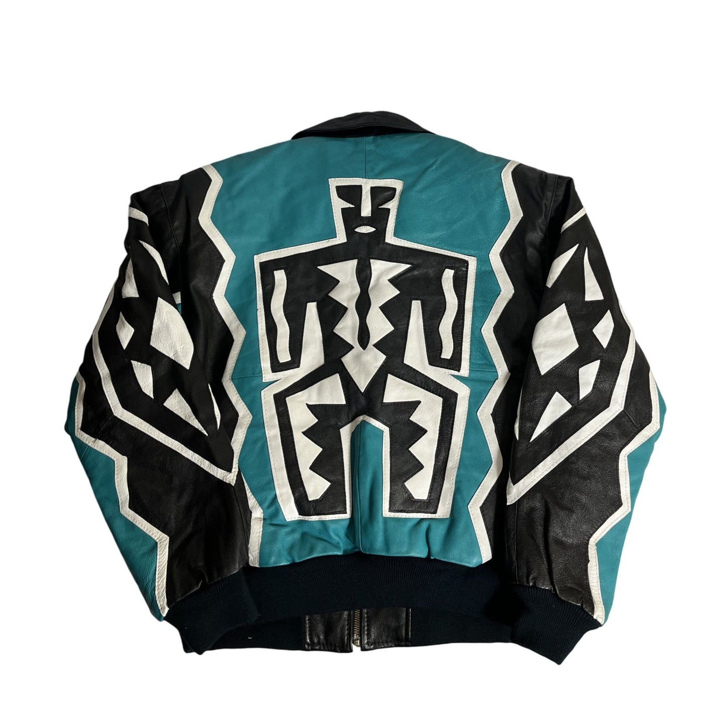 Veste en cuir Michael Hoban Wheremi, grande taille, noire et bleu sarcelle, motif zigzag