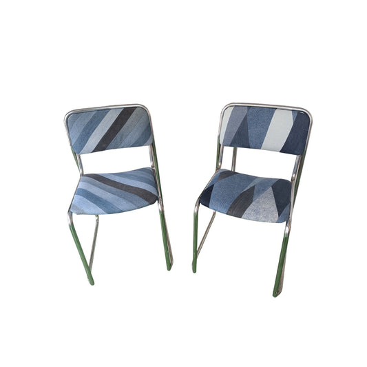 Vintage John Do Chaise Rétro En Métal Chromé & Tissu Patchwork Denim