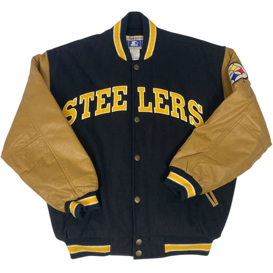 vintage Starter NFL Team Collection Pittsburgh Steelers Varsity Jacket Homme M Noir Or Laine Cuir