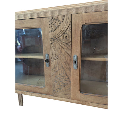 Buffet Vintage art deco En Bois Avec Portes Vitrées Sculptées À La Main 91cm H X 123cm L X 31cm P